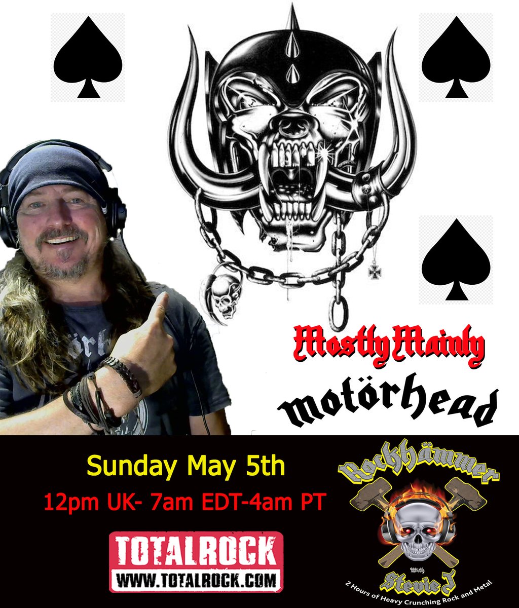 @rockhammershow (@rockhammershow) on Twitter photo The 8th of May is on it's way, & you can catch me for 'Mostly, Mainly <a href="/myMotorhead/">Official Motörhead</a> ' on <a href="/TotalRockOnline/">TotalRock</a>
As well as all thing's Motorhead, I'll be connecting tracks from <a href="/PCATBS/">Phil Campbell & TBS</a> <a href="/OrangeGoblin1/">Orange Goblin</a> <a href="/HighonFireBand/">High On Fire</a> <a href="/Metallica/">Metallica</a> <a href="/Nitrogods/">Nitrogods</a> <a href="/HawkwindHQ/">Hawkwind</a> & many more!
Keep Sunday #Louder ♠️ The 8th of May is on it's way, & you can catch me for 'Mostly, Mainly <a href="/myMotorhead/">Official Motörhead</a> ' on <a href="/TotalRockOnline/">TotalRock</a>
As well as all thing's Motorhead, I'll be connecting tracks from <a href="/PCATBS/">Phil Campbell & TBS</a> <a href="/OrangeGoblin1/">Orange Goblin</a> <a href="/HighonFireBand/">High On Fire</a> <a href="/Metallica/">Metallica</a> <a href="/Nitrogods/">Nitrogods</a> <a href="/HawkwindHQ/">Hawkwind</a> & many more!
Keep Sunday #Louder ♠️
