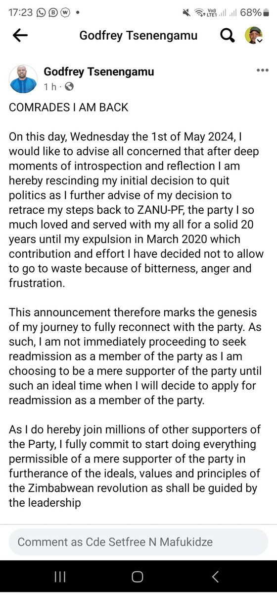 Munhu WeZANU PF ndewe ZANU PF Cde Godfrey Tsenengamu has rejoined the Revolutionary party as a supporter. @GodieTsenengamu