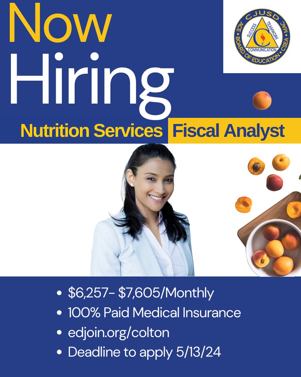 Join our #CJUSD team and help in managing the financial health of our Nutrition Services. We are seeking a detail-oriented Fiscal Analyst to oversee budgeting, accounting, and financial reporting. Apply today and help us continue to serve excellence in every meal!