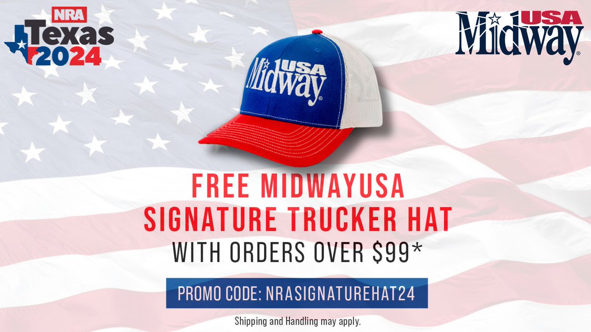 In the lead-up to the NRA Annual Meeting, Official Sponsor @MidwayUSA is offering a FREE MidwayUSA Signature Trucker Hat with orders over $99! Use promo code NRASIGNATURE24 at check-out with your next order ⬇️ midwayusa.com/promo/nrasigna…