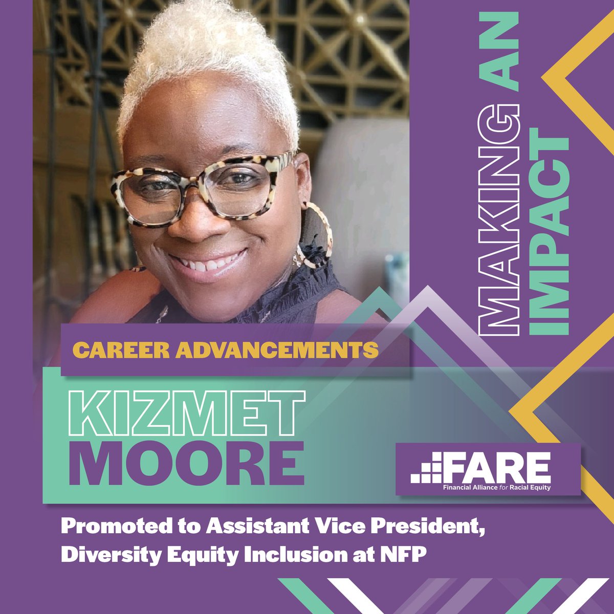 Congratulations to #FAREMember Kizmet Moore, who was promoted to Assistant Vice President, Diversity Equity Inclusion at NFP (@nfprompt).

#FARE #FAREMembersInAction #FAREForward #FinancialServices #WomenExecutives #BlackWomenLead