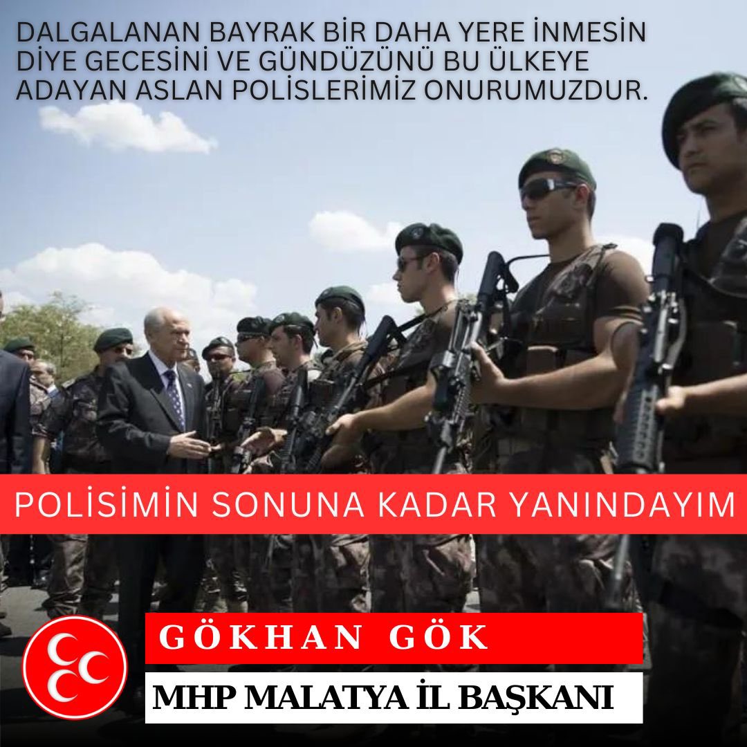 Herkes bilmelidir ki; Milliyetçi - Ülkücü Hareket bu vatanı, bu bayrağı ve bu milleti canından aziz bilen Polisinin her daim yanındadır ve yanında olmaya da devam edecektir.

Allah ayağınıza taş değdirmesin.

POLİSİMİN YANINDAYIM!

#1Mayıs #1Mayıs2024 #PolisiminYanındayım #Polis