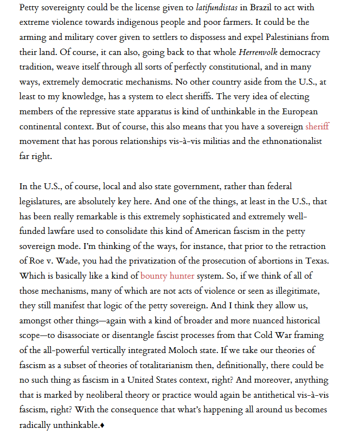 @adam_tooze @samuelmoyn This is why Alberto Toscano's analysis is so useful. Fascism isn't the totalitarian violence of the state, but the violence of 'petty sovereignty' which often starts at the local rather than national level. proteanmag.com/2023/11/24/lat…