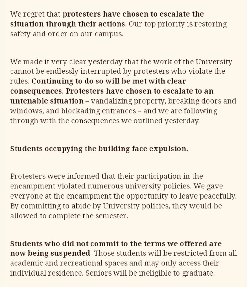 The dildo of consequences rarely arrives lubricated.

Columbia has expelled students who occupied buildings & suspended far more who will also be barred from graduation.