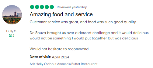 🌟 Thank you for taking the time to share your comments! We appreciate your feedback and are thrilled to hear about your positive experience. We look forward to welcoming you again soon.

See you again soon! 🌷🍽️

#CustomerFeedback #ThankYou #SeeYouSoon 🌟💬