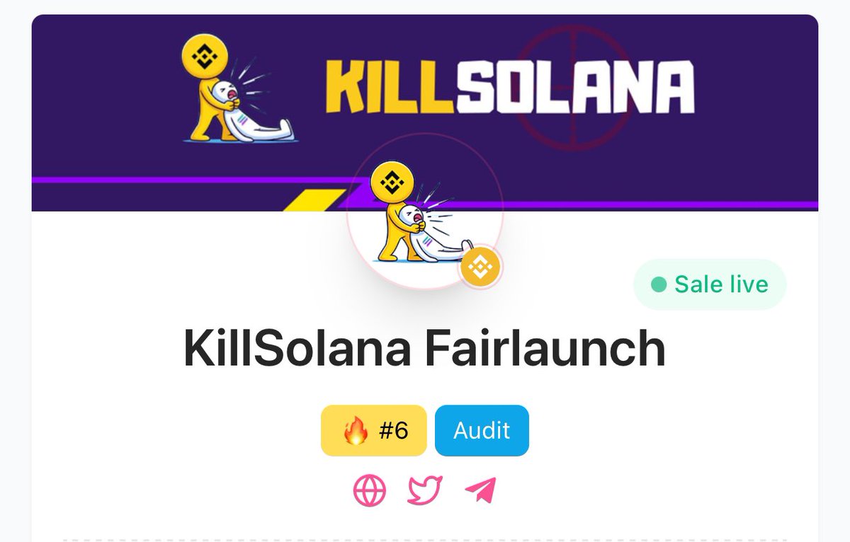 KillSolana @KillSolana

Project on my DMs, team looks serious, the raised 

Raised 143 BNB so far still 1+ hours till presale close, not a lot of time to DYOR but yo, team already paid CMC fast track, Avedex, DexView Trends and branding is good.

Project info: KillSolana is here…