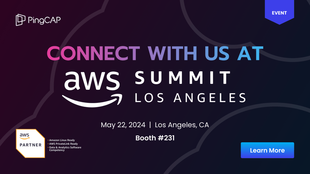 Connect with us at the #AWSSummit Los Angeles! #TiDB experts 🧑‍🏫 will discuss the most advanced ⚡ open-source, distributed SQL database.

Join us at Booth #231 on May 22 at the LA Convention Center. 🏢 Get specific industry insights. 🔍

#DistributedSQL social.pingcap.com/u/nSua3g