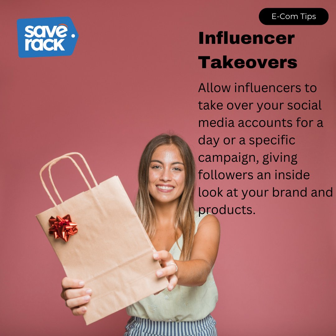 🌟 Ecommerce Tip of the Day: Influencer Takeovers!

Engage with influencers to host 'takeovers' on your e-commerce platform or social media channels. 👩‍💼📲 #SaveRackEcomTips #InfluencerTakeovers #EcommerceSuccess #DigitalCommerce #OnlineRetail
