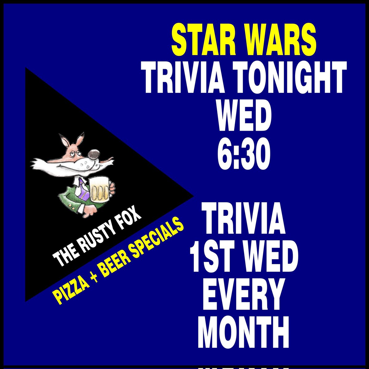 We have trivia 1st Wed every month. Beer + pizza specials. And we are set up to do trivia anytime so if you're bored ask us to start some.

#rustyfox #craftbeerbar #craftbeerlover #SterlingIL #dixonillinois #starwars #SaukValley #MayThe4th #trivia #TriviaNight #TriviaTime