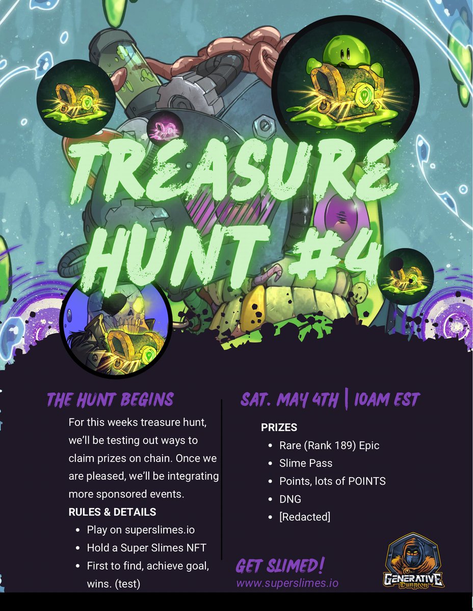 [ Treasure Hunt #4 ] Join us as we test some new features for on chain prize claims and win rewards in the process! 🏅 We never stop SLIMING! LFG! 💦 — Stay tuned for more sponsored events and pick up a Super Slime to participate. ✌🏽#P2EGaming