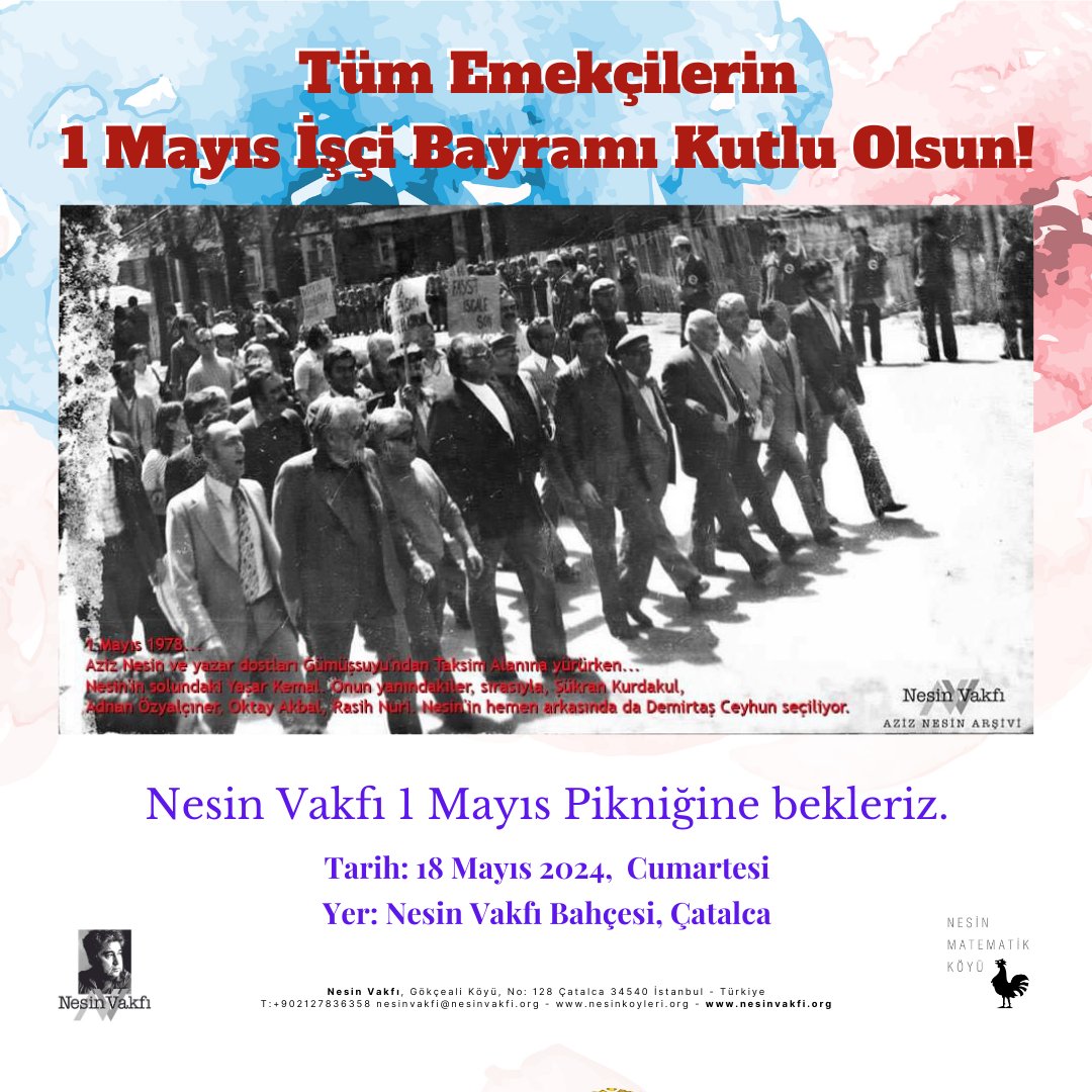 Tüm emekçilerin 1 Mayıs işçi bayramı kutlu olsun!
Hava muhalefeti dolayısıyla 18 Mayısa ertelediğimiz 1 Mayıs Pikniğimize bekleriz. 
facebook.com/NesinVakfi1973…