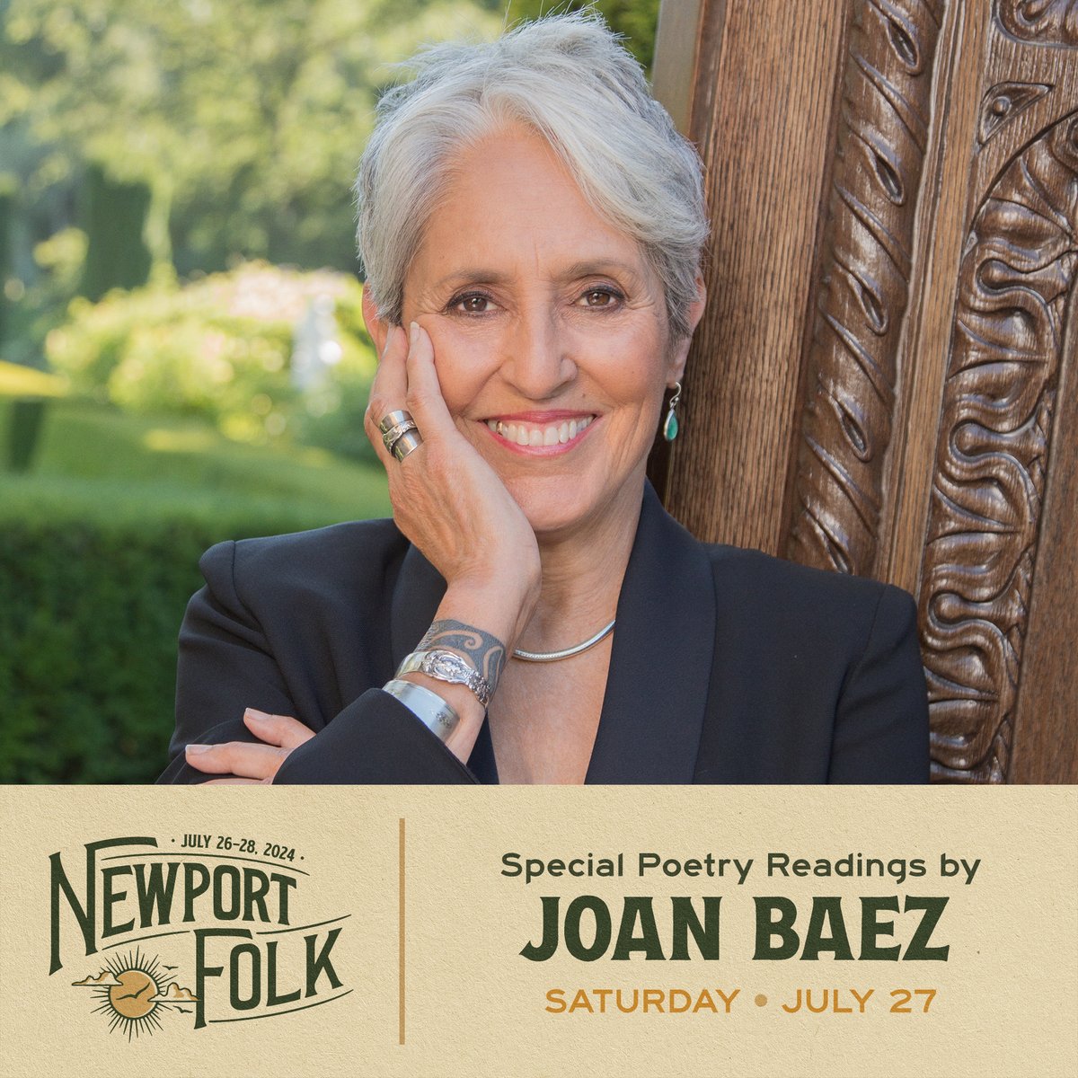 Newport Folk Fest (@newportfolkfest) on Twitter photo ARTIST ANNOUNCEMENT: It is our pleasure to announce that Joan Baez will be sharing special poetry readings with us this summer. 👑✨
For her Artist Give, Joan asked Newport Festivals Foundation to provide a grant to <a href="/BreadAndRosesCA/">Bread & Roses 🎵</a>. ARTIST ANNOUNCEMENT: It is our pleasure to announce that Joan Baez will be sharing special poetry readings with us this summer. 👑✨
For her Artist Give, Joan asked Newport Festivals Foundation to provide a grant to <a href="/BreadAndRosesCA/">Bread & Roses 🎵</a>.