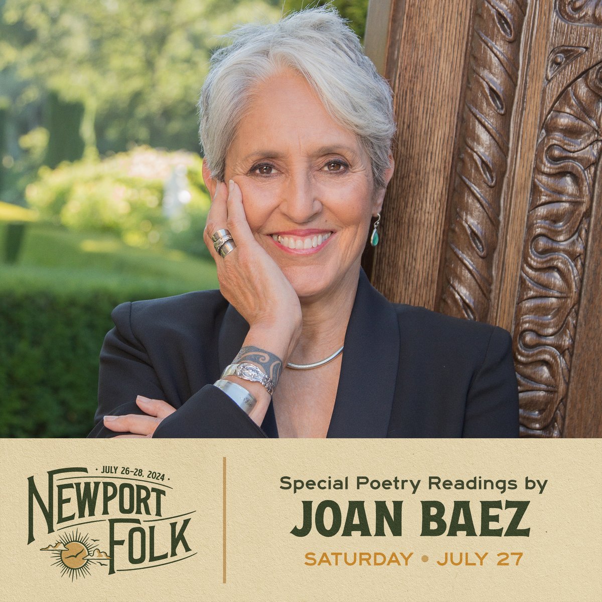 ARTIST ANNOUNCEMENT: It is our pleasure to announce that Joan Baez will be sharing special poetry readings with us this summer. 👑✨ For her Artist Give, Joan asked Newport Festivals Foundation to provide a grant to @BreadAndRosesCA.