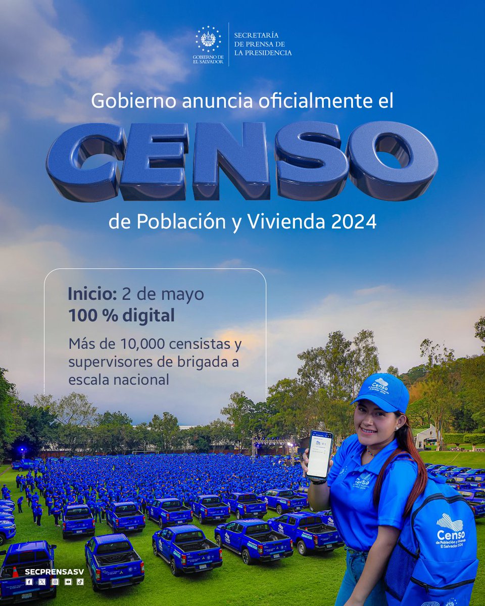 #CensoDePoblaciónYVivienda | El Gobierno del Presidente @nayibbukele anunció que este próximo 2 de mayo inicia el Censo de Población y Vivienda 2024, que contará con más de 10,000 censistas, quienes recopilarán los datos de forma 100 % digital. #SecretaríaDePrensa