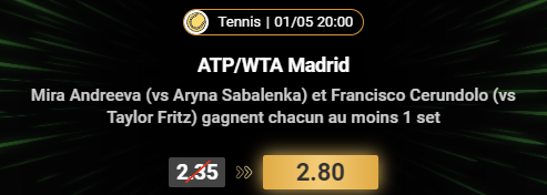 #MadridOpen 🇪🇸 📍(0.5%) bit.ly/Unibet_VP Code promo : VP #TeamParieur