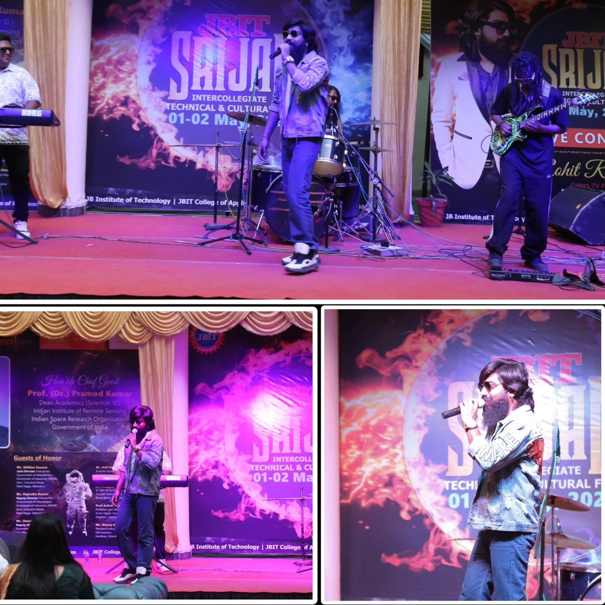 'Day 1 of #SRIJAN2024 kicked off with an energetic performance by Rohit Rockstar and his Miraas band, igniting the crowd with their electrifying tunes. Students and faculty came together to celebrate the spirit of the festival in full swing! 🎸🎶 #MusicMagic #CollegeFest #RockOn