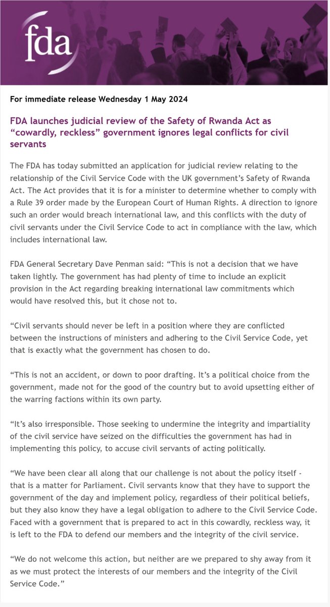The Civil Service Union FDA has just applied for a judicial review of the Rwanda scheme, due to it compelling civil servants to break international law and the civil service code. They accuse the Government of acting in a 'cowardly, reckless way' which endangers their members.