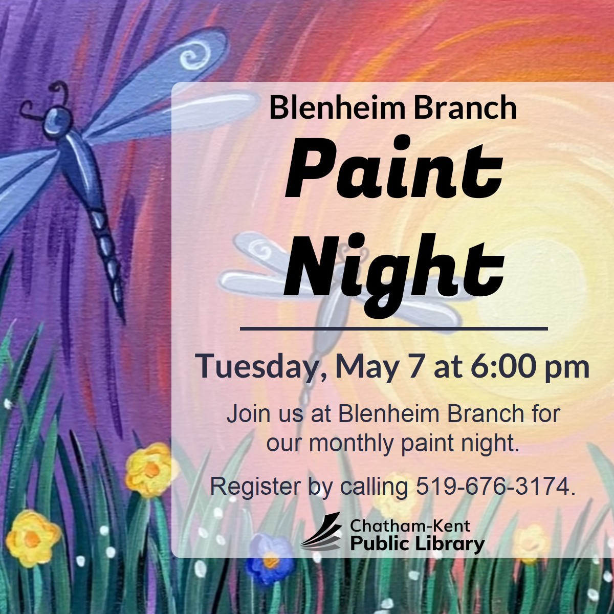 Join the Blenheim Branch of the Chatham-Kent Public Library for a free guided paint night on Tuesday, May 7 at 6pm. All materials required will be provided. Register by calling the Blenheim Branch at 519-676-3174.
#YourTVCK #TrulyLocal #CKont #CKPL #PaintNight