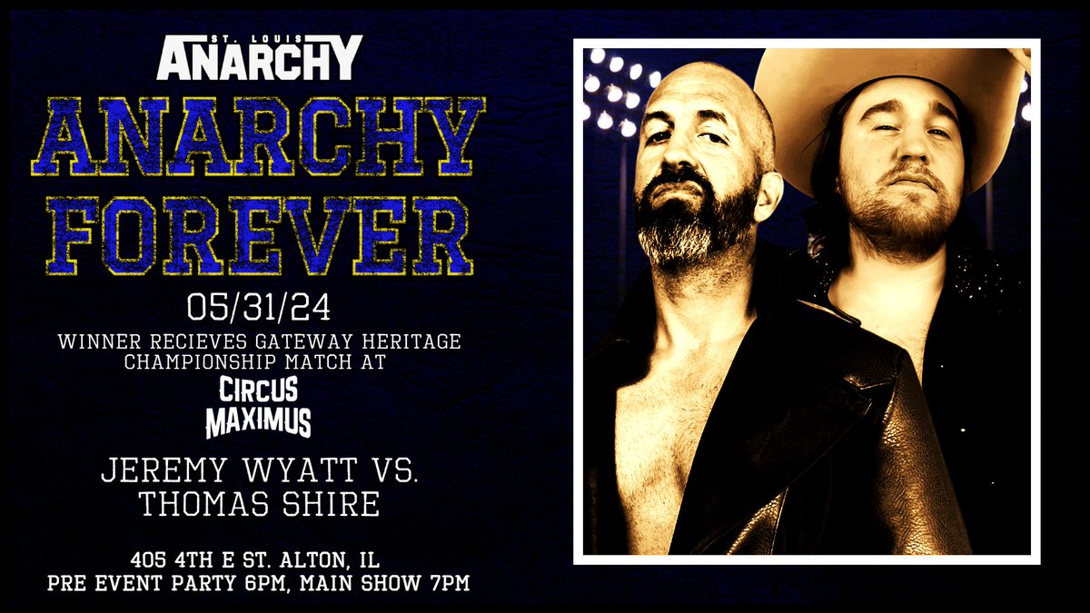 Tale of the Tape 📹 for Jeremy Wyatt 👑 & Thomas Shire 🪦 at #AnarchyForever Debuted: Wyatt, 2003; Shire, 2007 Anarchy record all-time (non-tag): Wyatt, 52-25-1; Shire, 19-12 Head-2-Head overall: Wyatt, 2-1 Height: Wyatt, 6'0' - Shire 6'3' Weight: Wyatt, 210 - Shire, 230…