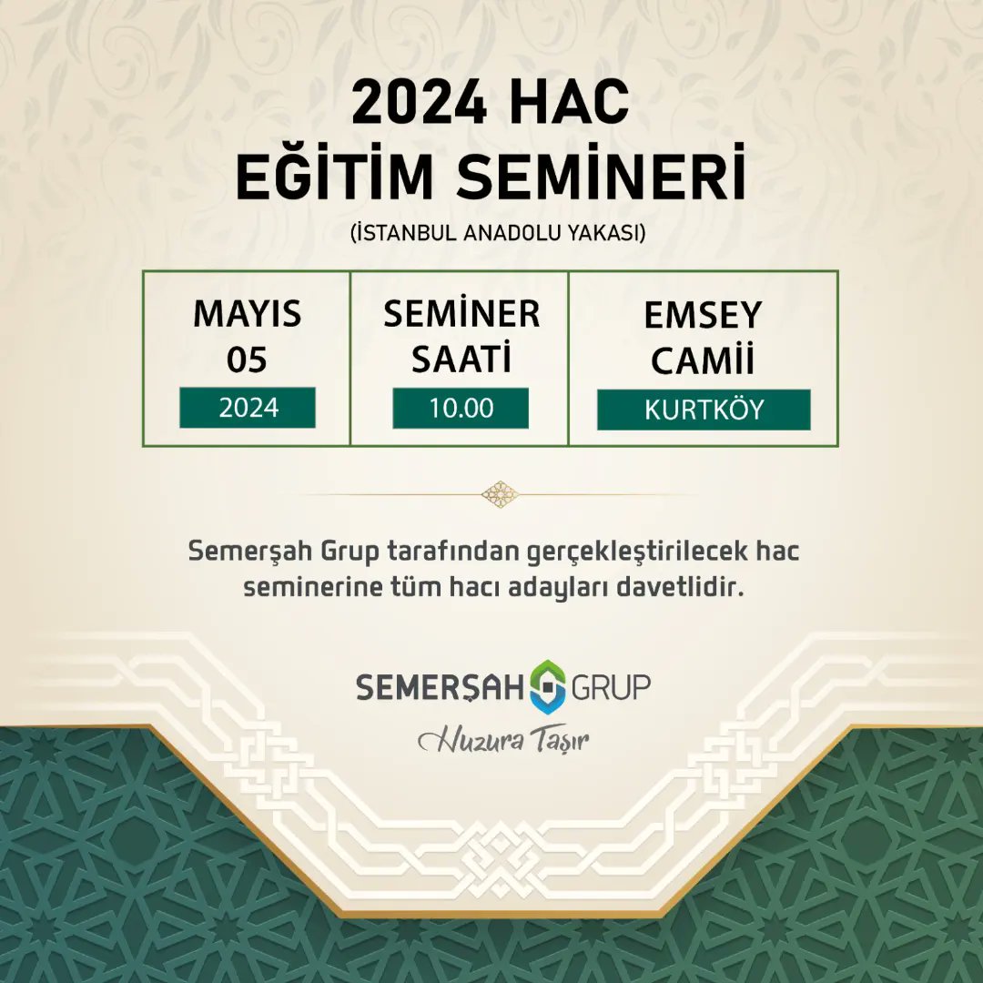 İstanbul ili (Anadolu Yakası) hac eğitim seminerlerimiz 05 Mayıs Pazar günü saat 10.00'da Emsey Camii ve Yenidoğan Semerkand Vakfı'nda gerçekleştirilecektir. Seminerlerimize tüm hacı adayları davetlidir.

🗓️ 05 Mayıs 2024 | 10.00
📍 İstanbul (Anadolu Yakası)

#Hac2024