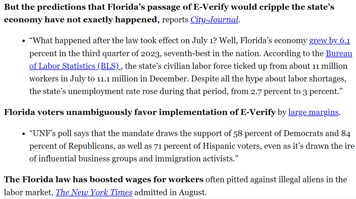 A year ago, Florida expanded the use of E-Verify to combat illegal immigration. The always-informative @America_2100 newsletter surveys the results.