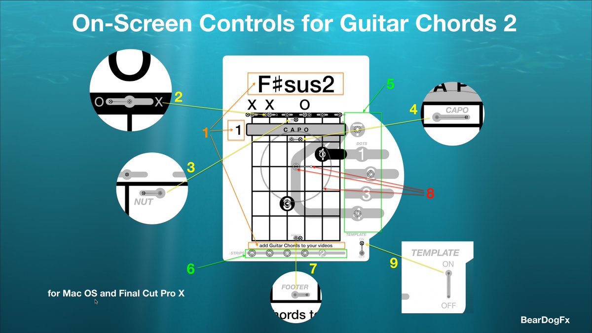 Guitar Chords 2 plugin for FCPX

1. Chord Name, Fret #, and Footer Text
2. X’s and O’s
3. Nut ON/OFF
4. Capo OFF/ON/ON+
5. The Hand (Numbered dots)
6. Barre Chord Strips
7. Footer Text ON/OFF
8. Location, Scale, and Twirl
9. Template ON/OFF

coming soon to FxFactory.com
