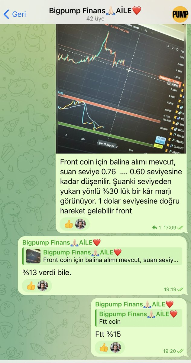 2 saat önce telegram aile grubuna yazdığım front ve ftt %16 şar bandda kar verdi. Şuan Yükselenler listesinin başını çekiyor #ftt #front #btc