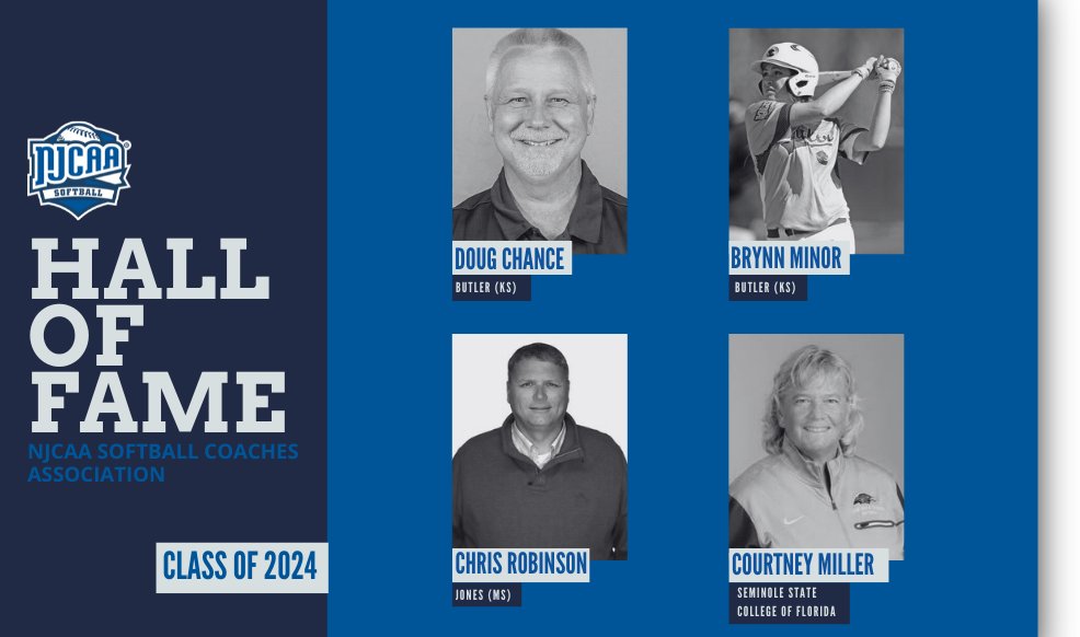 Four honorees have been inducted into the #NJCAASoftball Coaches Association Hall of Fame, as announced by the @NJCAA. Read more on Doug Chance, Brynn Minor, Chris Robinson, and Courtney Miller ⤵️ njcaa.org/sports/sball/2…