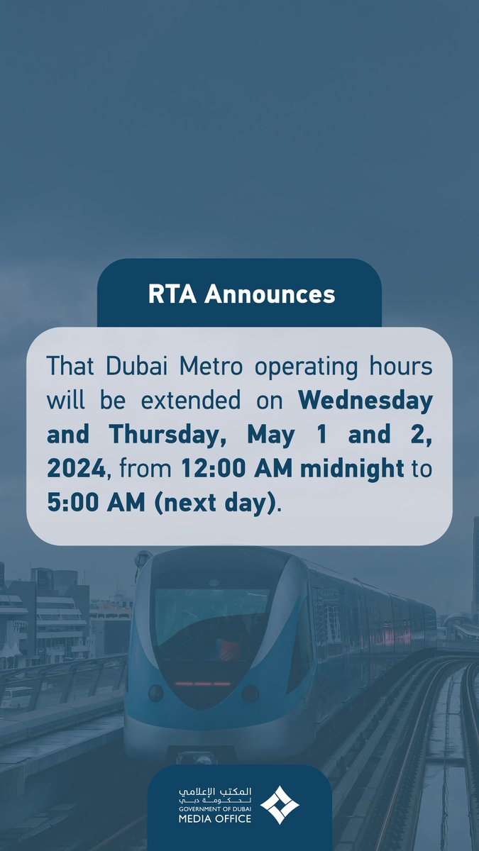 . @rta_dubai announces That Dubai Metro operating hours will be extended on Wednesday and Thursday, May 1 and 2, 2024, from 12:00 AM midnight to 5:00 AM (next day), Trains will depart from centrepoint Metro Station and will only stop at the following stations: Emirates Metro