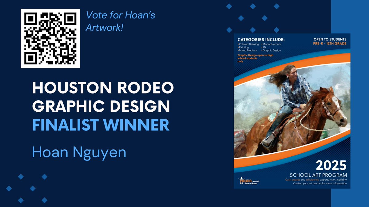 Way to go Hoan N. on being selected as a finalist for the HLSR Graphic Design Art Contest!!! Use the QR code or link m.cmpgn.page/vLfNTF?sre=Ry2… to vote for his artwork to win! Voting ends May 5.🤠 @AliefKerr @KerrHSArt @AliefISD @RODEOHOUSTON