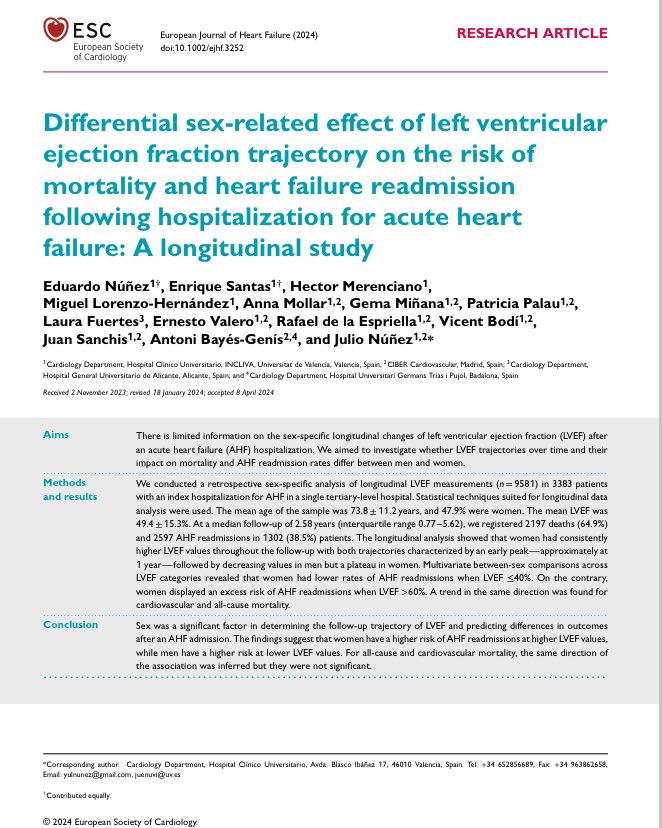 Differential sex-related effect of #LVEF trajectory on the risk of 💀 and heart failure readmission following 🏥 for #heartfailure: A longitudinal study just published in @ESC_Journals Sex was a significant factor in determining #LVEF trajectories over time and prognosis. Our…