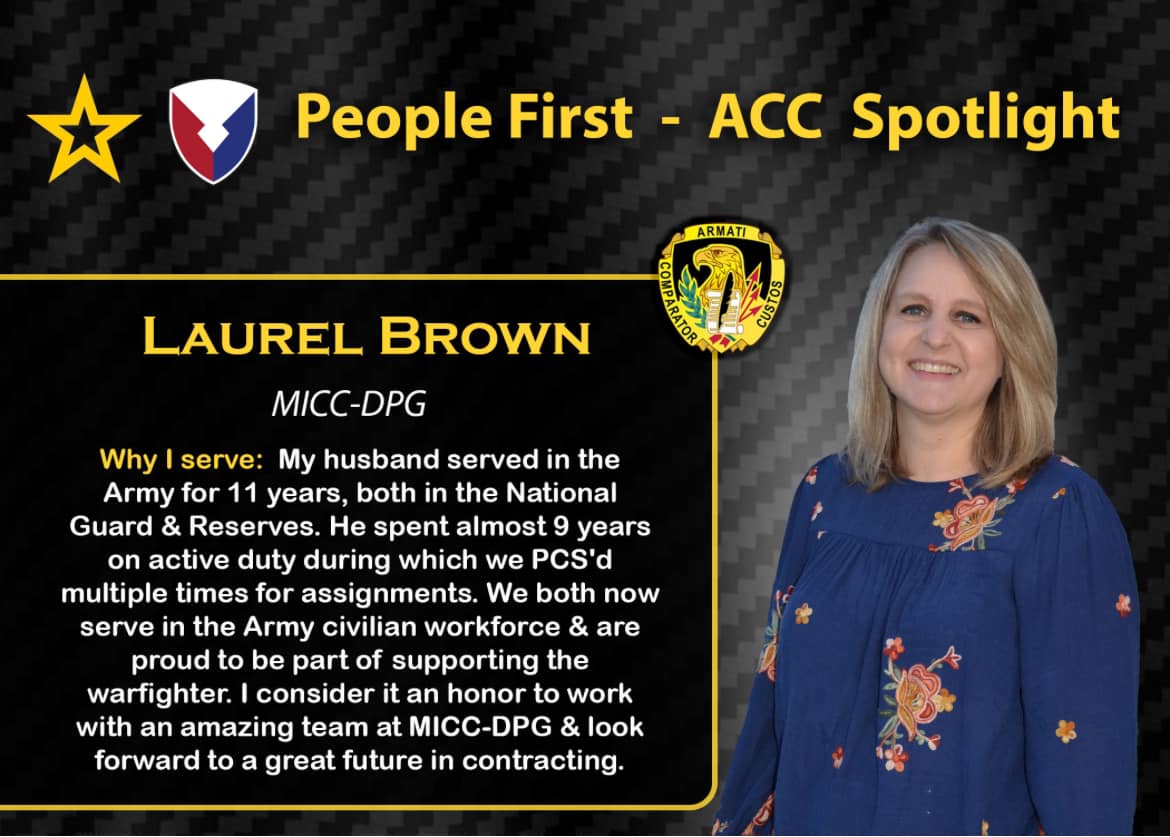 Today’s #ACCSpotlight is our own Laurel Brown, a contract specialist at MICC-Dugway Proving Ground, Utah. New to contracting, she anticipates continued growth in all aspects as she pursues her contracting career. 

#PeopleFirst #BeAllYouCanBe #WorkforceWednesday