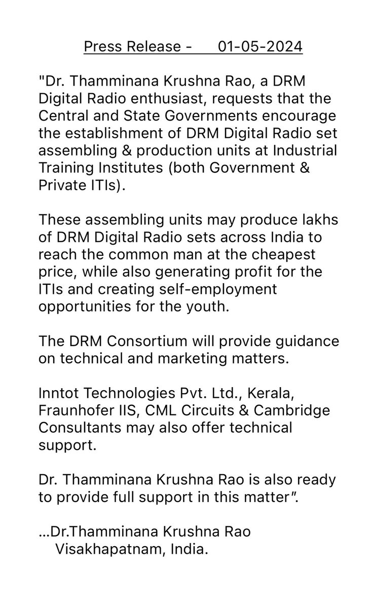 Request to encourage the establishment of DRM digital radio set production units at Industrial Training Institutes (ITI) etc. @MIB_India @navneetsehgal3 @YogendraPal9 @prasarbharati 
@DoT_India 
@CimGOI @MSDESkillIndia 
@GoI_MeitY @drmdigitalradio #drmlog