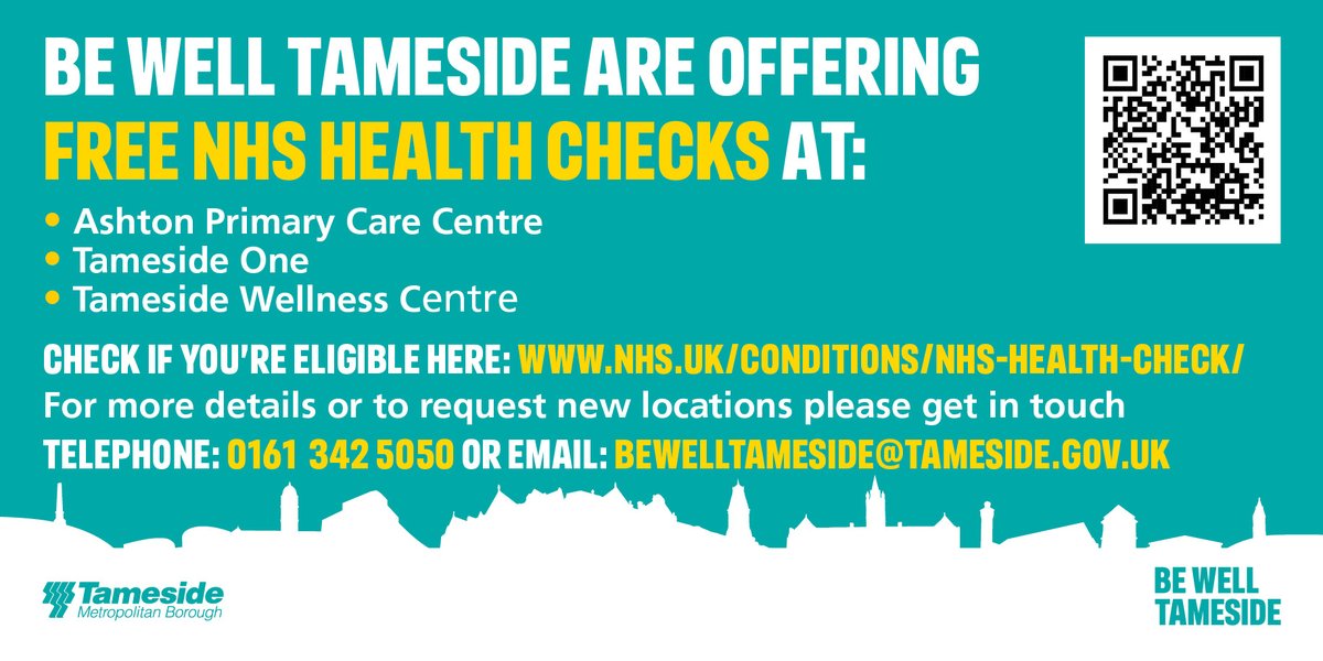 Are you 40-75 with no pre-existing health conditions? Alongside other support, @BeWellTameside are offering free NHS health checks at various locations, in the day, evenings & at weekends! To check if you're eligible👇 nhs.uk/conditions/nhs… To book👇 public.tameside.gov.uk/OnlineForms/Fo…