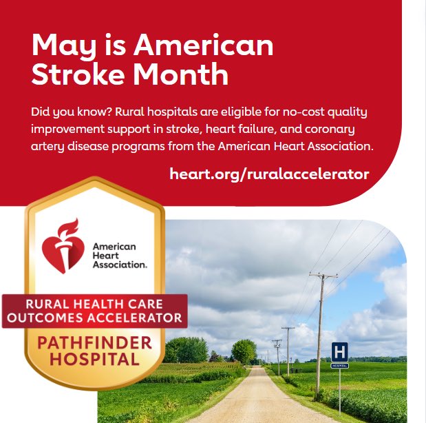 More than 800 rural hospitals participate in @American_Heart's quality improvement programs in stroke. Get no-cost support for rural hospitals, including Get With The Guidelines programs, quality improvement consultation, & more: heart.org/ruralaccelerat… #strokemonth #ruralhealth