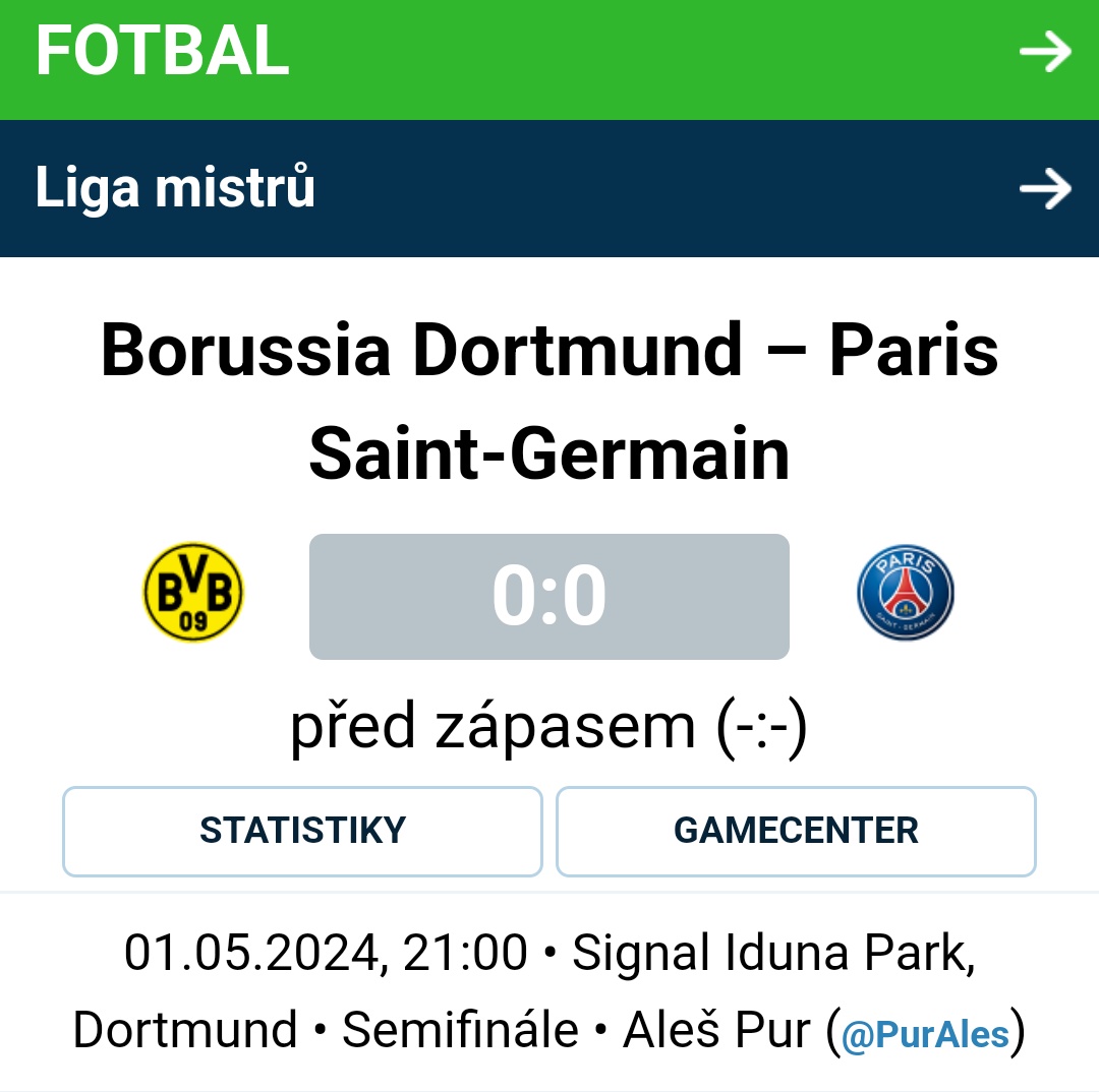 ⚽ Liga mistrů | Ve středu milionářská soutěž nabídne první semifinálový zápas mezi týmy Borussia Dortmund a Paris Saint-Germain. Úvodní hvizd zazní v Signal Iduna Parku ve 21:00, onlajn poběží ⤵️ 1url.cz/D1LrS