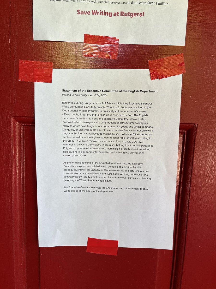 ruaaup's tweet photo. We’ve delivered our petition to the door of Dean Wade’s office, including statements by RUSA and the executive council of the English Dept. We are all united in calling for @RutgersU to #SaveRWritingProfessors!! @ruaaup_ptl https://t.co/s74eILo2Bj