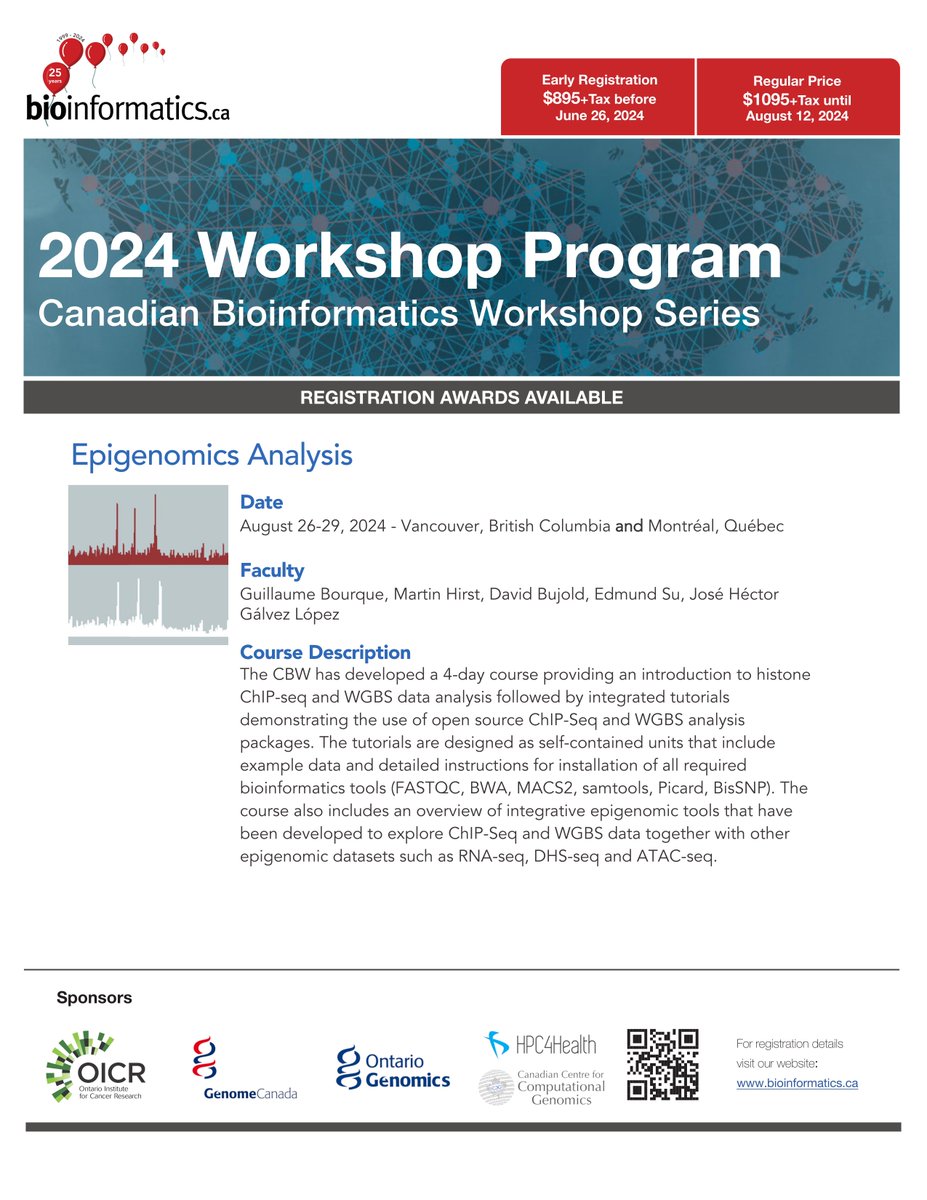 Our popular #Epigenomics Analysis #bioinformatics workshop is returning in 2024! Learn how to analyse  #WGBS and #ChIPseq data with lectures and hands-on labs.

- August 26-29, 2024
- Vancouver, BC *and* Montréal, QC 
- Apply before June 26 for early bird discount