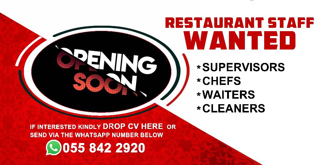 A restaurant opening in Adjriganor is hiring 👋🏻. You can send a WhatsApp text to the number if interested