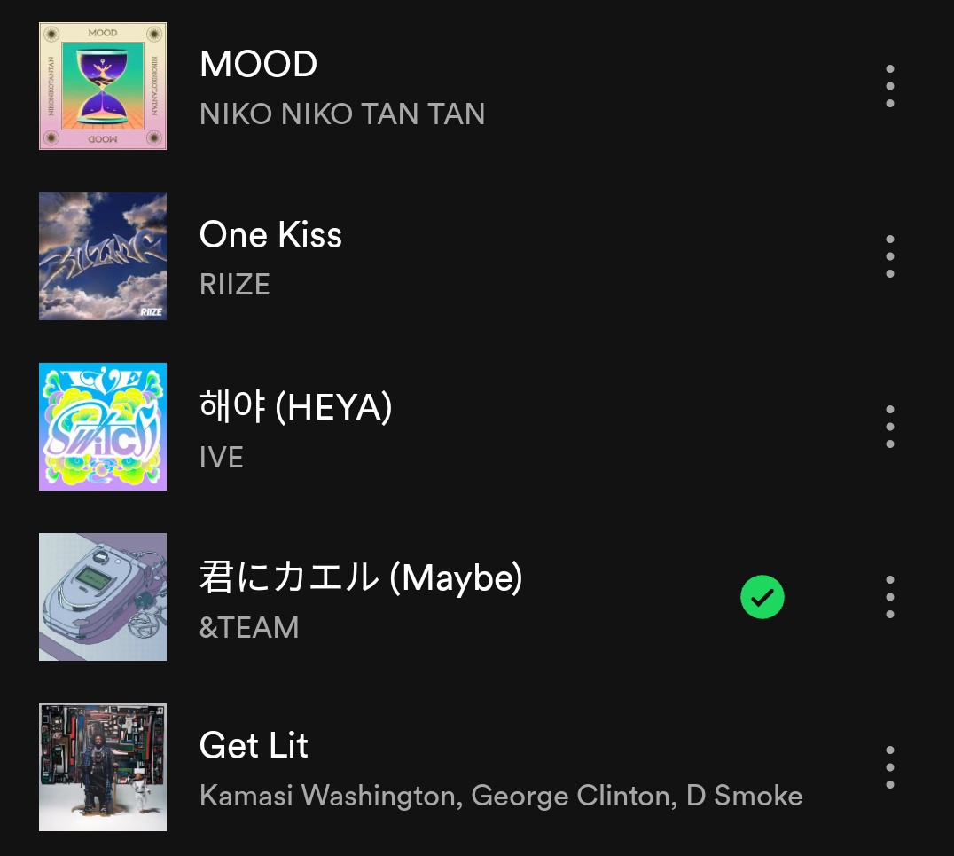 🌐[SPOTIFY] )050224

&TEAM's '君にカエル (Maybe)' is included in the Spotify New Music Wednesday playlist (164.6K followers)! 

🔗 Listen here: open.spotify.com/playlist/37i9d…

You can play the music from the playlist daily. It helps expand the reach to more listeners! ☺🙏