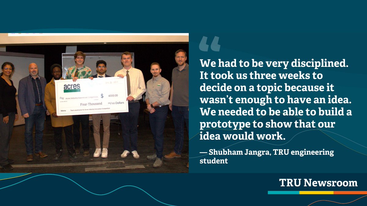 Computer science students Paul Richter, Connor Cross, Kenneth Kouadio and Shubham Jangra make up this year’s winning team in the annual Acres Industry Innovation Competition for engineering students.🏆 Learn more: inside.tru.ca/2024/04/29/eng…