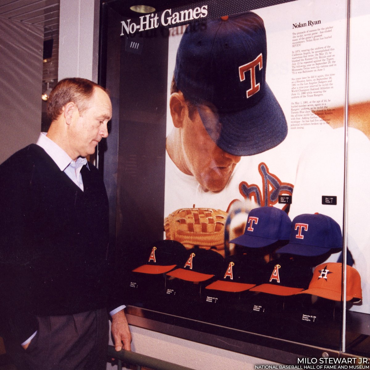 Tip your cap to a legend. Nolan Ryan donated caps from each of his record seven no-hitters to the Hall of Fame.