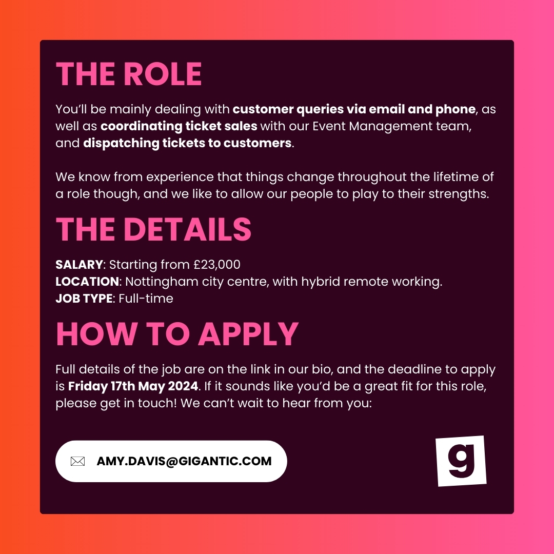 🧡 We are hiring! We're looking for a new customer service assistant to join the Gigantic Tickets team. If you know someone who would be perfect for the job tag them 🙌 Find out more about the role at: bit.ly/3UoE033