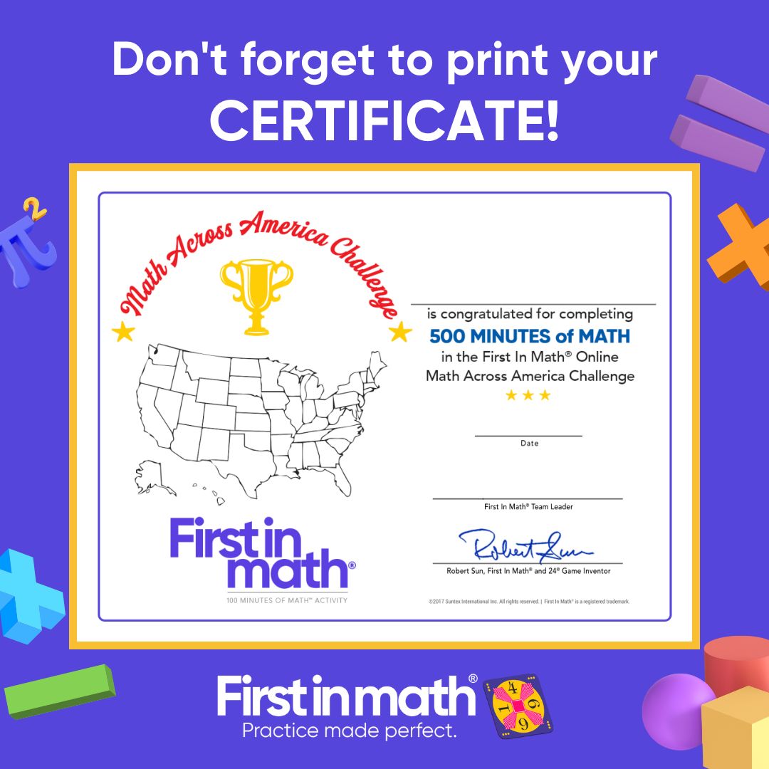Take a 500-minute tour across America! 🌎 For every 10 minutes you play #FirstInMath, color in one state until all 50 US states have been filled. Do a bonus activity by writing the abbreviation for each state you've colored in! 👏 Find in Resources > Printable Math Activities