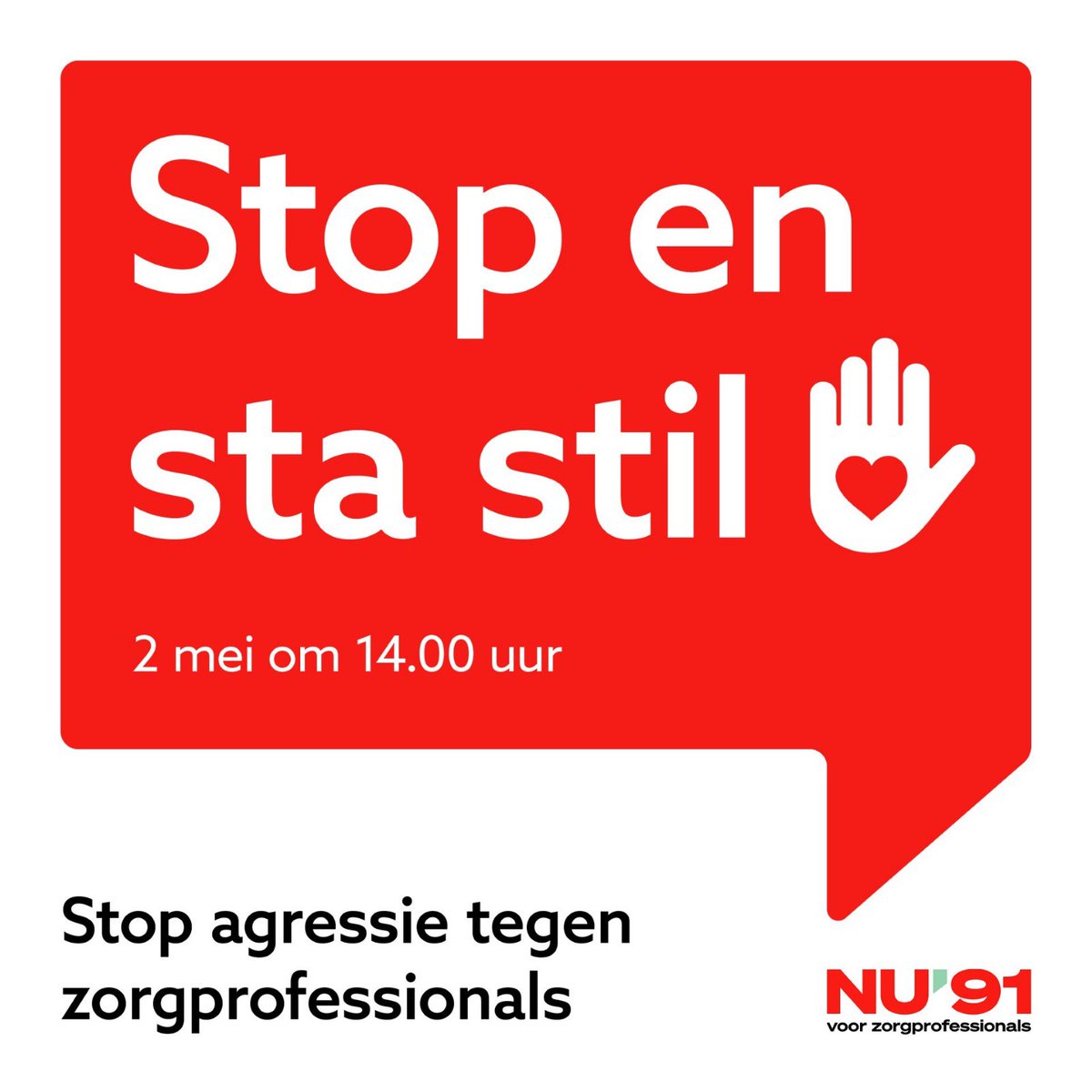 Agressie in de zorg mogen we nooit normaal gaan vinden! Iedere zorgprofessional moet het werk veilig kunnen doen. Daarom staan wij morgen even stil, maar ook na morgen zullen wij ons blijven inzetten om agressie te stoppen.

𝐍𝐔’𝟗𝟏 𝐫𝐨𝐞𝐩𝐭 𝐢𝐞𝐝𝐞𝐫𝐞𝐞𝐧 𝐢𝐧 𝐝𝐞