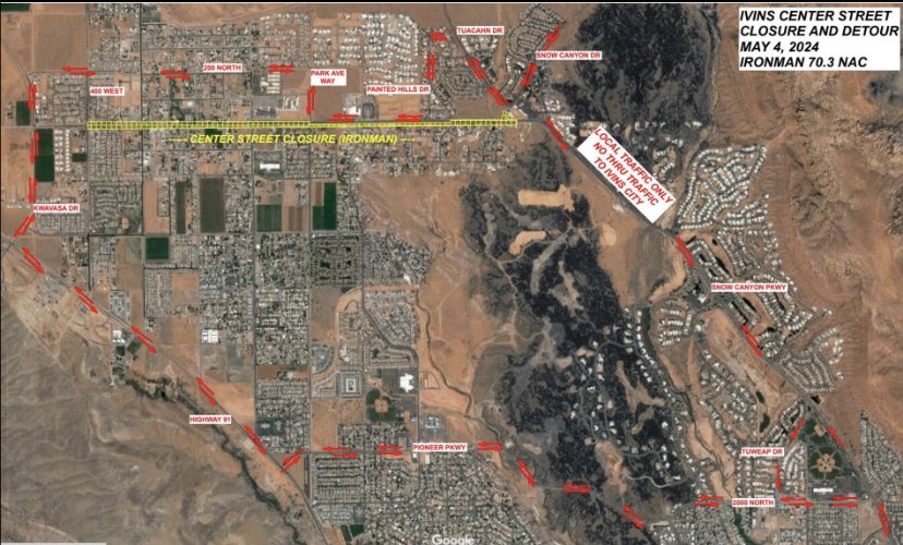 Iron Man is quickly approaching. 

Here is a map of how to get around Ivins during the race. 

The only way to get North and South of Center will be through Kwavasa. 

Snow Canyon Park will be closed during the event. 

Tuacahn will be open. Please refer to the map for directions