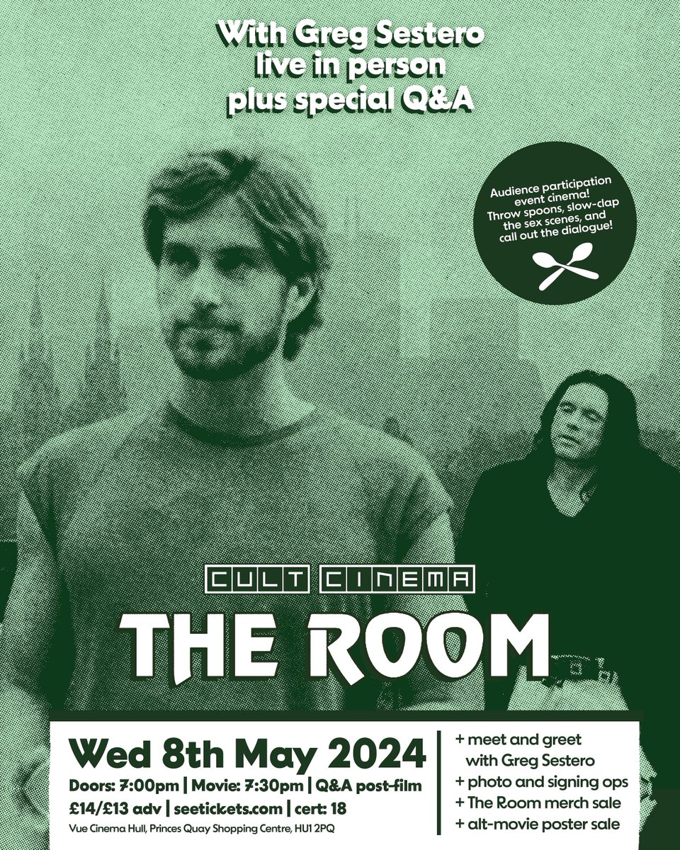 1️⃣ WEEK TO GO

✅ Spoons
✅ Viewers guides
✅ Greg's hotel sorted
🫵 We just need you

Get yourselt to Vue Hull on Wednesday 8th May for THE ROOM, with very special in-person guest, the one and only <a href="/gregsestero/">Greg Sestero</a>, joining us for a meet and greet and Q&amp;A

🎟 bit.ly/CultCinemaTheR…