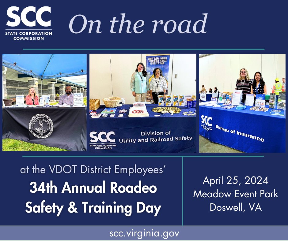SCC #outreach folks were exhibitors during @VaDOT's district employees’ 34th Annual Roadeo Safety & Training Day recently. 500 people attended event, which included exhibits, demonstrations & VDOT employees showcasing their talents during competitions. scc.virginia.gov