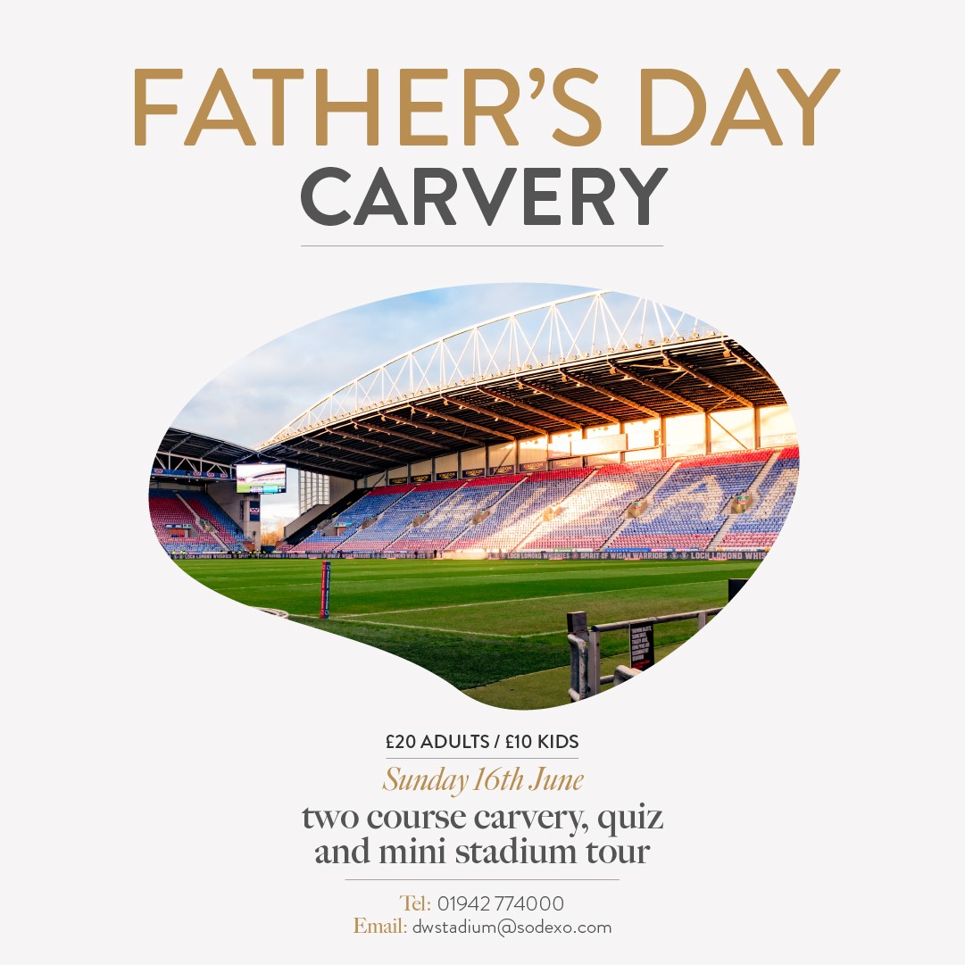 Celebrate Father's Day with us! 🍻 Enjoy our pitch-view hospitality experience, with a delicious two course carvery, a special Father's Day quiz, and a mini stadium tour. Book a table for the family online at bit.ly/FathersDayWigan or call the team on 01942 774000!