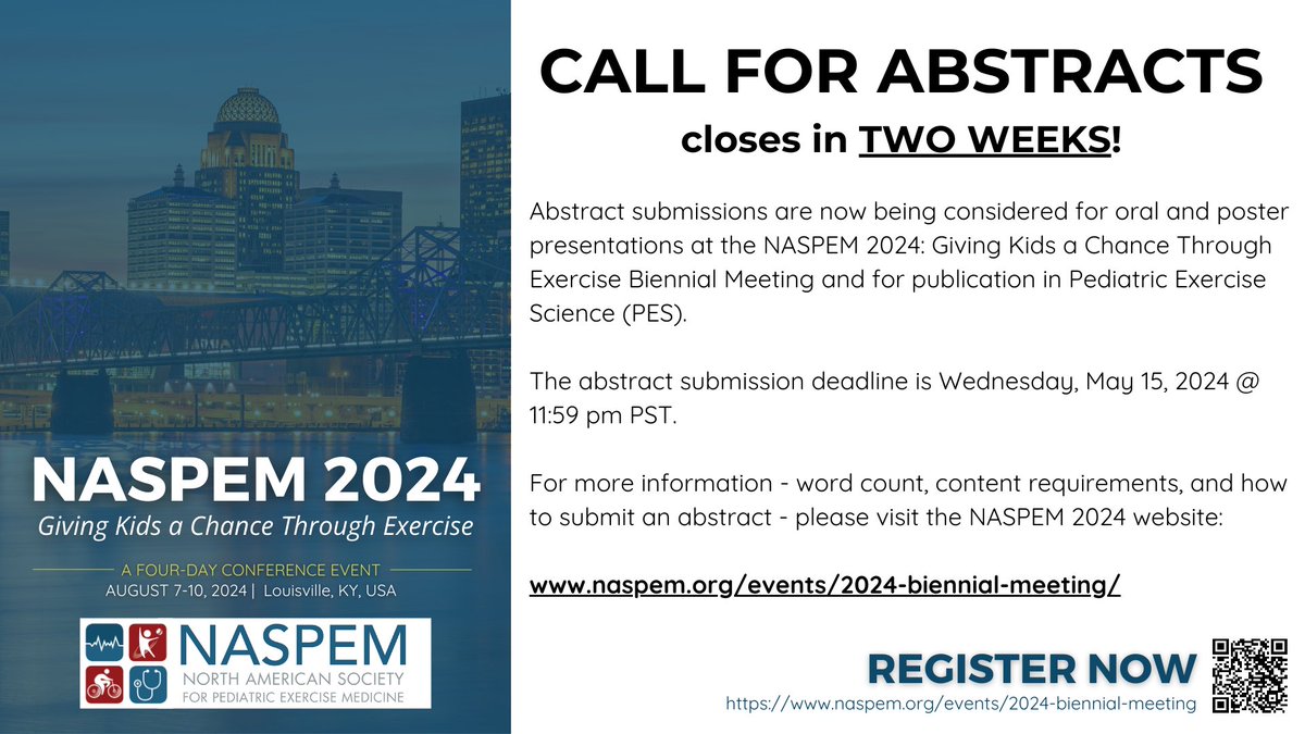 THE NASPEM 2024 CALL FOR ABSTRACTS CLOSES IN 2 WEEKS!

Abstract submissions are now being considered for the meeting. The deadline for submissions is Wednesday, May 15th @ 11:59 pm PST.  

The submission guidelines for NASPEM 2024 can be found at:

naspem.org/events/2024-bi…